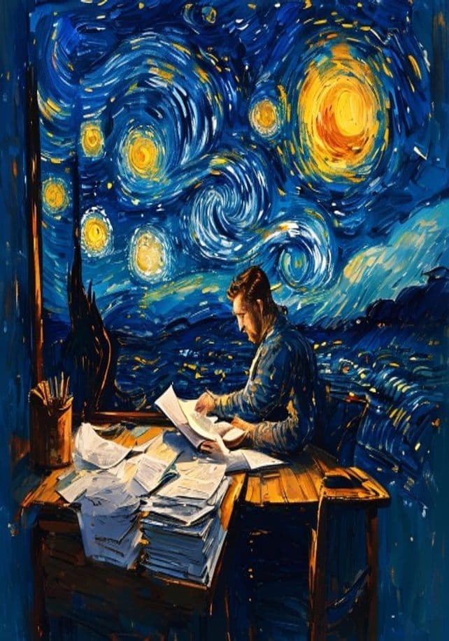 Van Gogh Starry Night style painting of a man working through documents at a desk